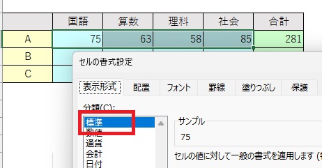 各セルの書式設定確認の画像