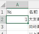 セルA2に「1」を入れた画像1